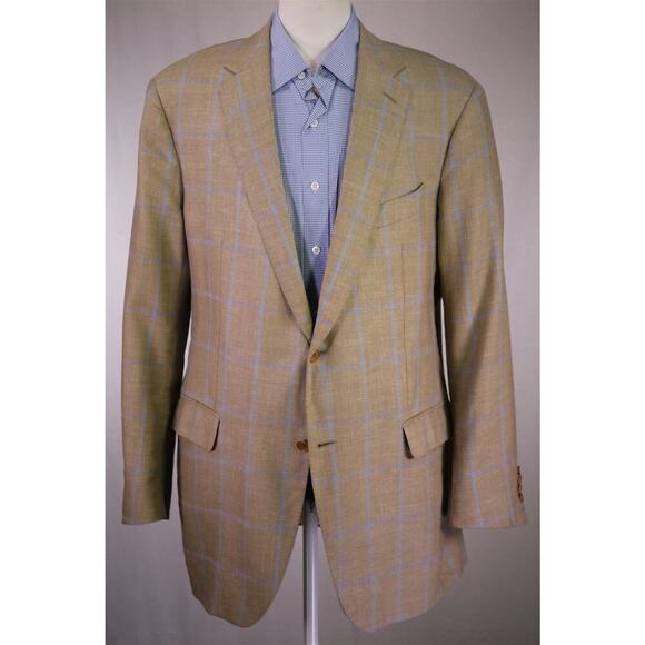 Faconnable by R. Caruso Lt Brown w/ Sky Blue Windowpane Wool-Silk Sportcoat 48L - Picture 2 of 12